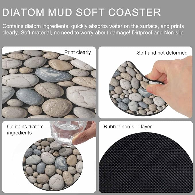 Pebble Stone Coasters Set of 6, Modern Minimalist Nature Art Aesthetics Soft - Image 9