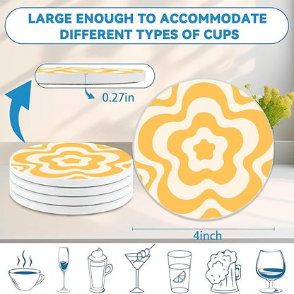 Drinks Coasters Set of 4, Groovy Wave Pattern Round 4" Cup Coasters, Absorbent Ceramic Stone Coasters with Cork Base, Cute Coasters for Table Home Décor, Ideal Gifts for Women Men