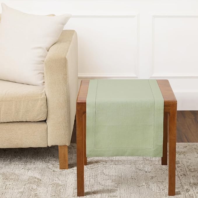 Solino Home 100% Pure Linen Table Runner Sage Green Hemstitch, 14 x 36 in | by SolinoHome