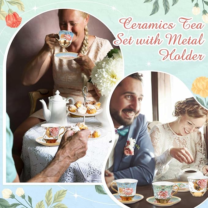 Teenyyou Set of 18 Tea Cups and Saucers Tea Party Decorations Floral Porcelain - Image 6