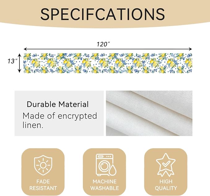 Lemon and Blue Floral Table Runner | Linen Texture Fabric, Easy Care Machine - Image 3