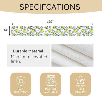 Lemon and Blue Floral Table Runner | Linen Texture Fabric, Easy Care Machine - Image 3