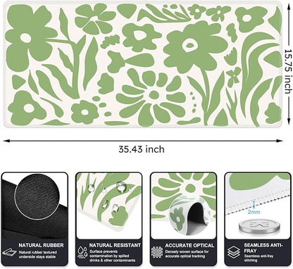 iCasso Desk Mat, XXL Large Anti-Slip Mouse Pad with Stitched Edges, Keyboard Mat for Work, Gaming (Green Flowers)