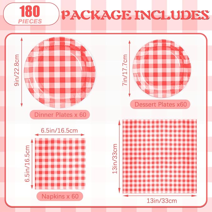 180Pcs Red Gingham Party Supplies Paper Plates and Napkins Serve 60 | - Image 2