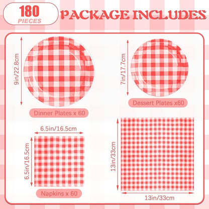 180Pcs Red Gingham Party Supplies Paper Plates and Napkins Serve 60 | - Image 2