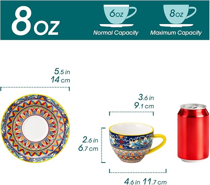 vancasso 8 Oz Cappuccino Cups, Porcelain Tea Cups and Saucers Set of 6 | - Image 3