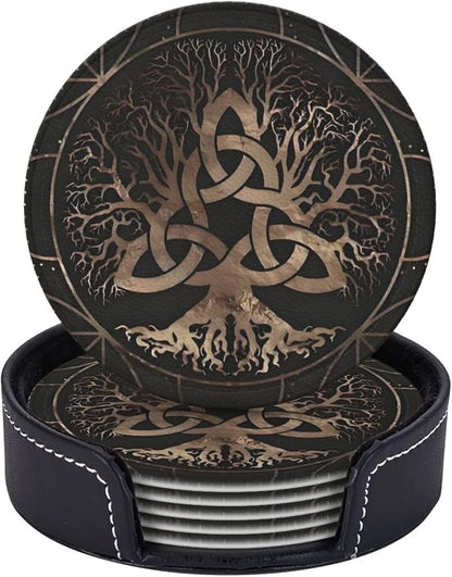 Drink Coasters with Holder Stand Set of 6, Tree of Life Copper Pu Leather by Unknown