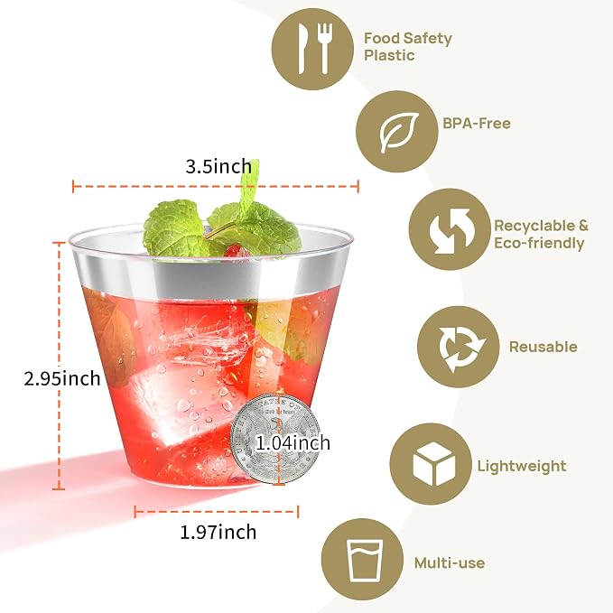9oz Clear Plastic Cups with Silver Rimmed Sturdy & Food Safe Disposable Wine - Image 4
