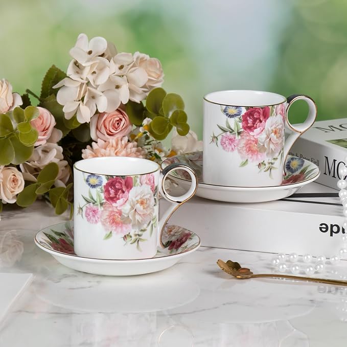 KAMMAK Tea Cups and Saucers Set of 2, Porcelain Coffee Cups, JBE014 | Stackable - Image 7