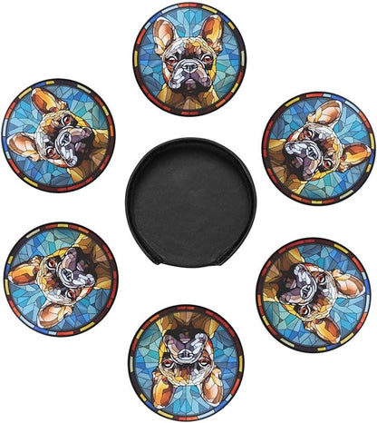 Drink Coaster Set of 6, French Bulldog Dog Mom Lover Gift,Leather Drink Coasters with Holder,6 Pack Cup/Bar/Drink Coasters for Table/Drinks/Coffee Protection Housewarming Gift