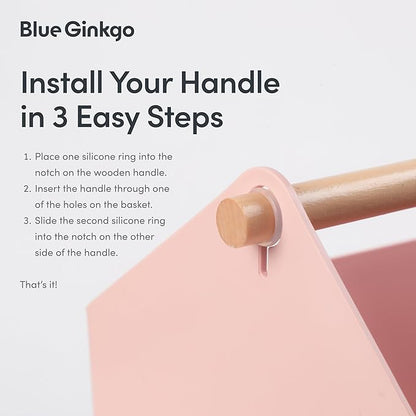 BLUE GINKGO Large Storage Basket – Plastic Caddy with Wooden Handle for Bathroom, Pantry, or Cleaning Supplies (Pink)