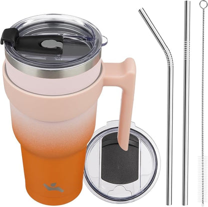 Konokyo 40 oz Tumbler with Handle and Straw, Insulated Travel Mug | Coral; by Konokyo