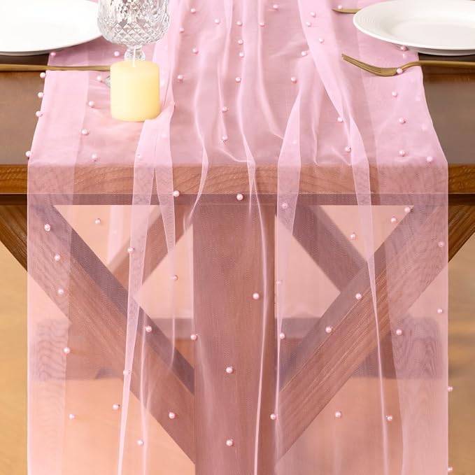 Pearl Table Runner Summer Tulle Gauze Sheer Wedding Party Home Decor | Pink - Image 2