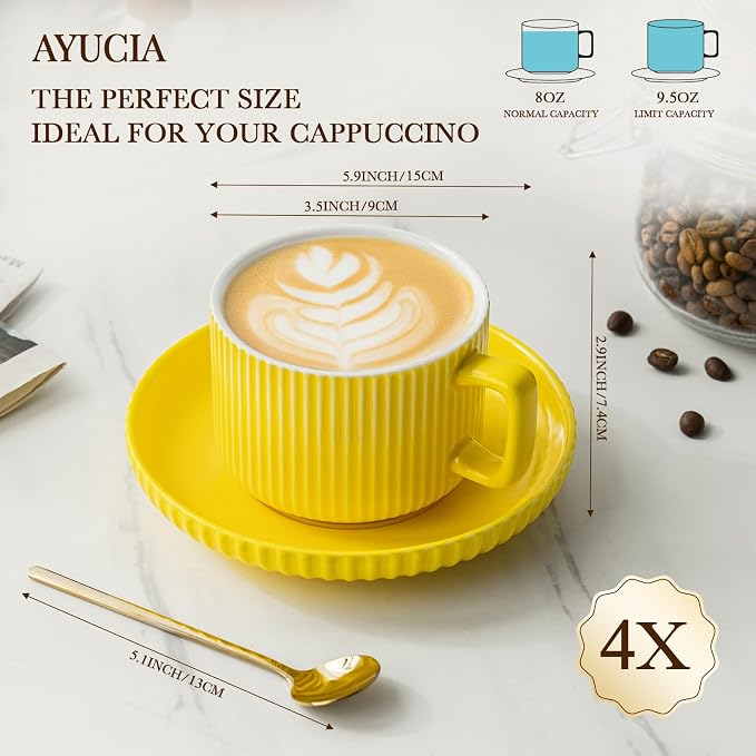8 Ounce Cappuccino Cups Set of 4, Latte Mugs - Image 5