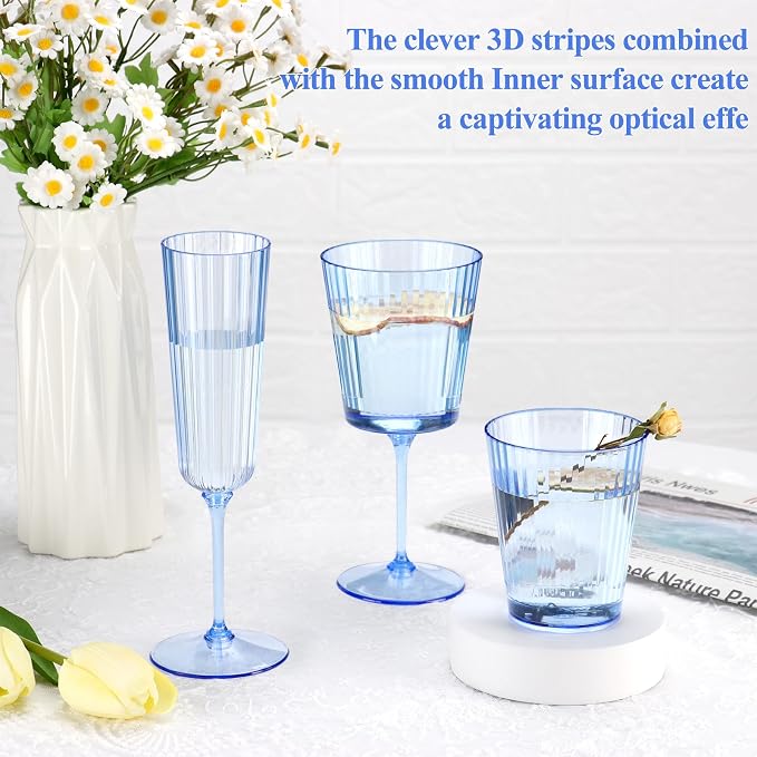48 PCS Plastic Ribbed Drinking Glasses 10oz Blue Vintage Ripple Stemless Wine - Image 6