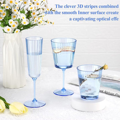 48 PCS Plastic Ribbed Drinking Glasses 10oz Blue Vintage Ripple Stemless Wine - Image 6