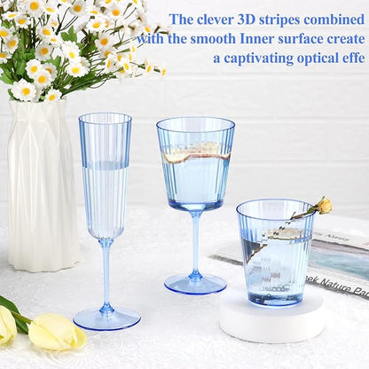 12 PCS Plastic Ribbed Drinking Glasses 10oz Blue Vintage Ripple Stemless Wine - Image 6