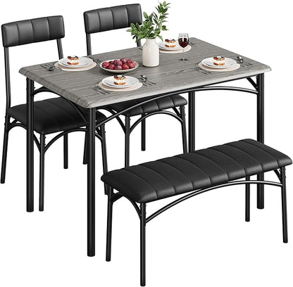 4-Piece Small Dining Table Set – Wood Table with 2 Upholstered Chairs & Bench, Space-Saving Retro Kitchen Dining Set for Small Apartment/Dining Room, Black