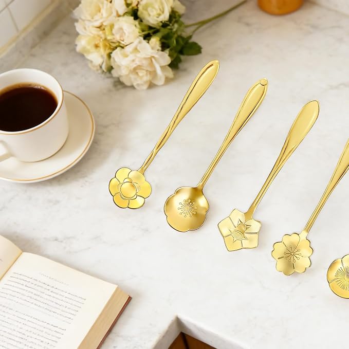 8-Piece Golden Flower Tea Spoon Set | Stainless steel gold spoons; - Image 7