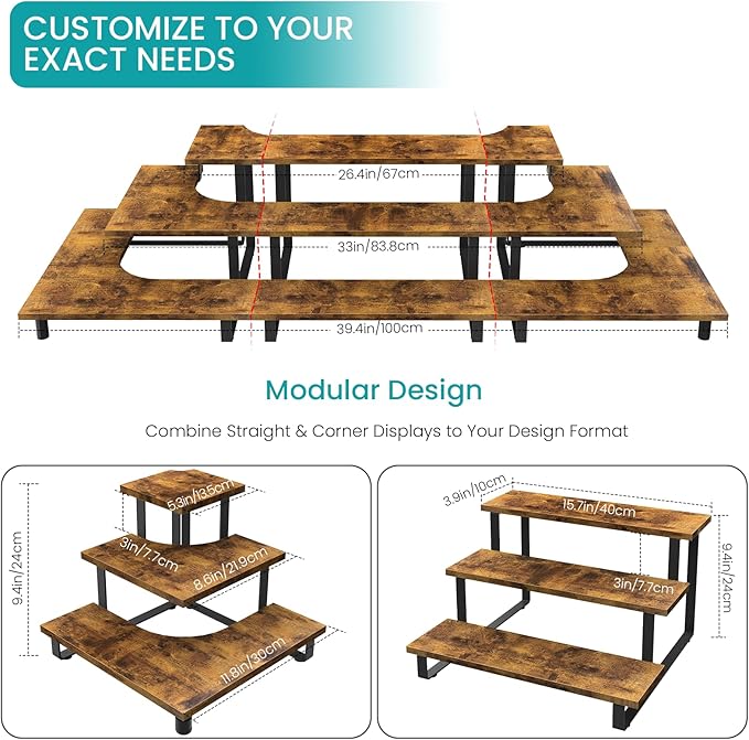 ELITEROO 3 Tier Wooden Display Riser Stand, Portable Products Display Shelf, 3 Step Straight Display Rack for Retail Tabletop, Countertop, Craft Shows, Farmers Market, Tradeshows, Vendors