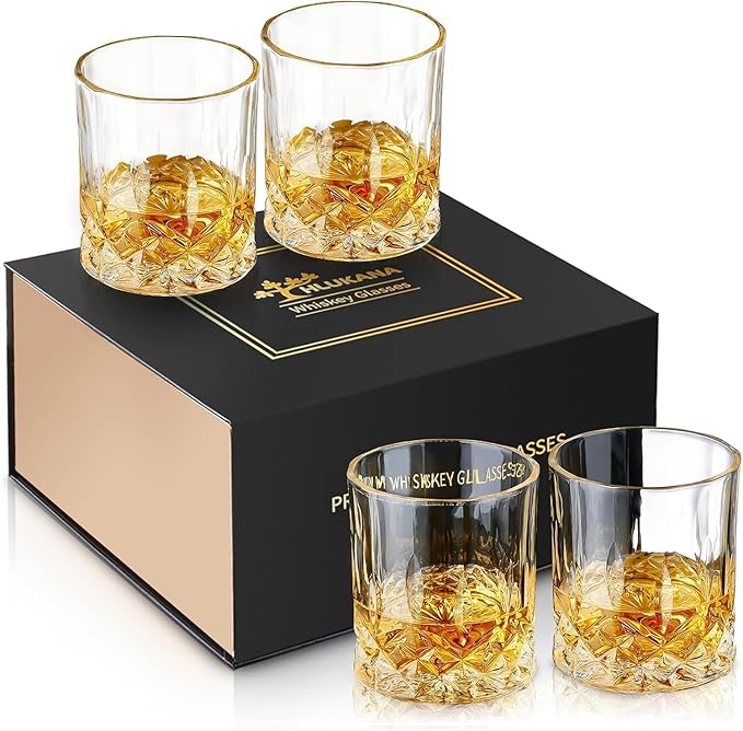 Hlukana Luxury Box Old Fashioned Whiskey Glasses Set of 4, 11 OZ Cocktail by Hlukana
