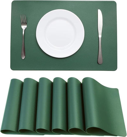 Faux Leather Placemats HeloHo Green Table Place Mats Set of 6 Waterproof Oilproof Heat Stain Resistant Placemats Washable Wipeable Placemat for Kitchen Dining Table Decoration Indoor Outdoor