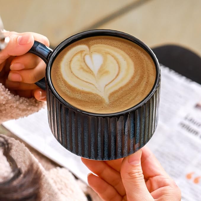 HASENSE 15 Oz Ribbed Stackable Coffee Mug Set of 4, Ceramic Latte Cups - Image 7
