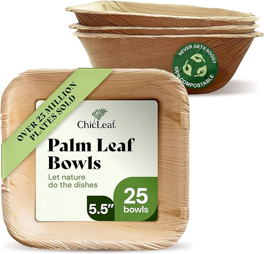 Chic Leaf Palm Leaf Bowls - Mini Disposable Bamboo Style Bowls for Weddings, Parties, Winter Tasting Events, Game Day Appetizers - Elegant Romantic Date Night Essentials (5.5'' Square - 25 Pack)