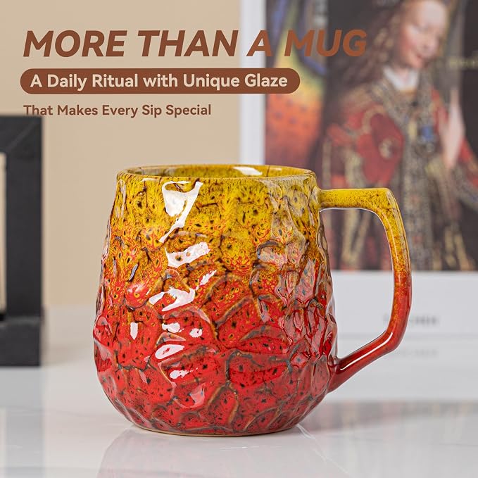 18oz Unique Yellow & Red Kiln-Change Ceramic Coffee Mug, Handcrafted Hammered - Image 7