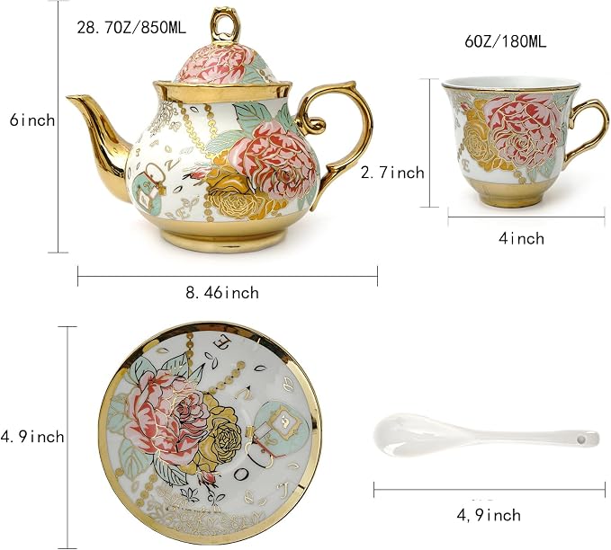 CHANJOON Gold Plated Red Rose Ceramic Tea Set, Vintage Tea Sets - Image 2