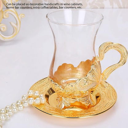 Pilipane Gold Coffee Cup and Saucer Set, Elegant European Carved Glass Teacup - Image 7