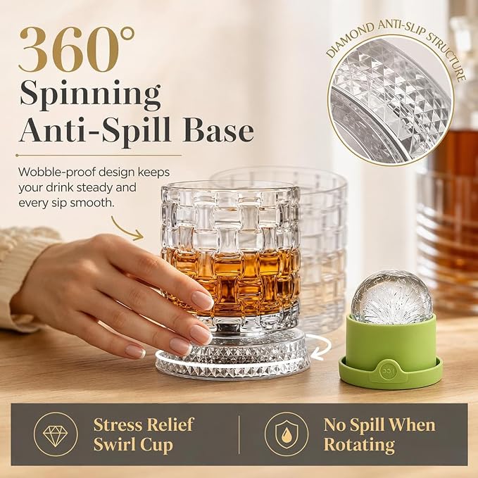 360° Rotating Whiskey Glasses Set of 2, Vintage Crystal Tumblers - Image 2