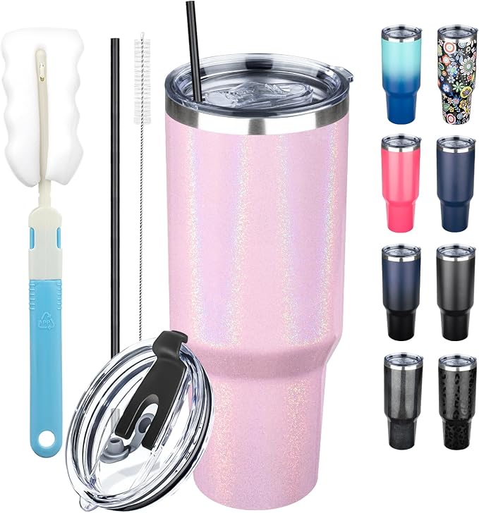 40 oz Tumbler with Lids and Straws, Stainless Steel Insulated Coffee Tumbler by GUDEMAO