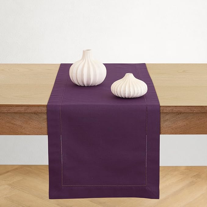 Solino Home Cotton Linen Dining Table Runner Purple Hemstitch, 14 x 90 in | by SolinoHome