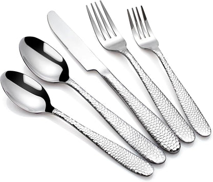 Hammered Silverware Set, CITESANA 20-Piece Heavy Duty Mirror Polished Stainless Steel Flatware Set Cutlery Set Flatware Service for 4