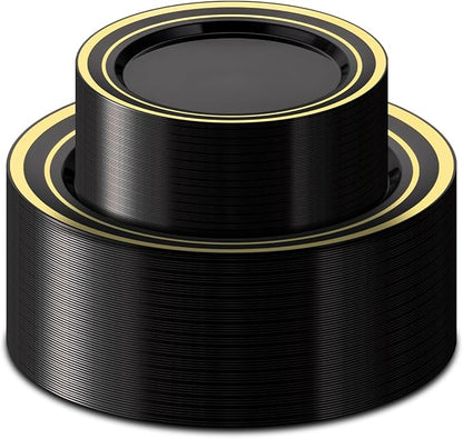 BESTSTAR 100PCS Black Plastic Plates Set with Gold Rim, 50 10.25 inch Dinner Plates and 50 7.5 inch Dessert Plates, Premium Disposable Plates forfor Party, Wedding, Holiday,And Halloween