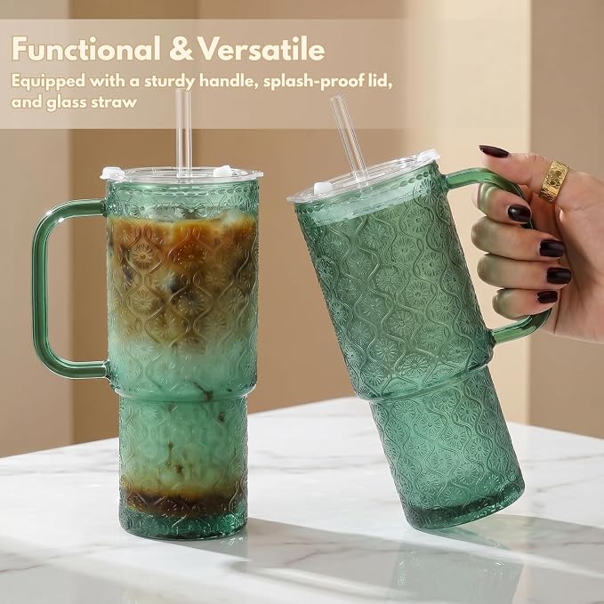 20 oz Green Glass Tumbler with Lid and Straw, Glass Iced Coffee Cups, - Image 2