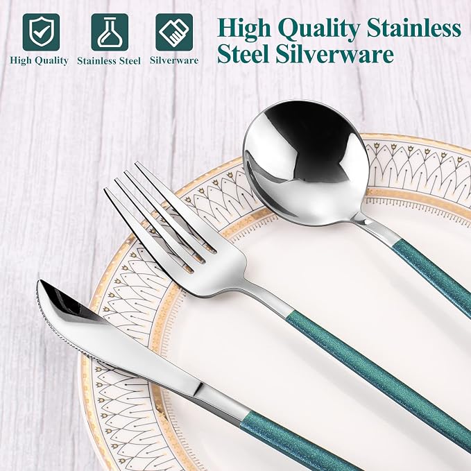VANVRO Mirror Silver Green Silverware Set, 20-Piece Stainless Steel Flatware Set - Image 4