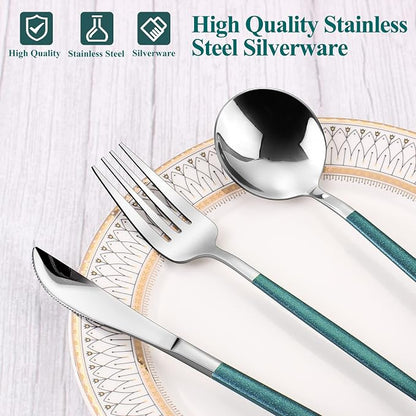 VANVRO Mirror Silver Green Silverware Set, 20-Piece Stainless Steel Flatware Set - Image 4