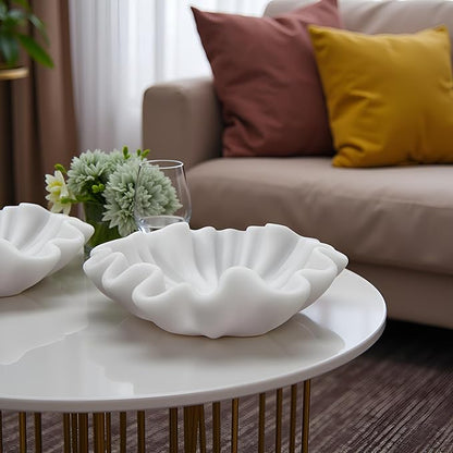 12" Large Handmade Decorative Bowl decor , Handicraft Scalloped Bowls for Modern Home Decor,Ruffle Decor,Key Bowl for Entry Table,Decorative Fruit Bowl for Kitchen Counter,Artificial Stone Milky White