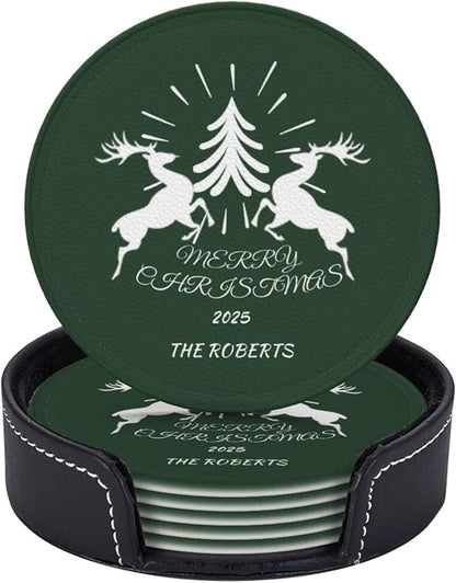 Customize Coasters for Drinks, Personalized Leather Coasters Set of 6, Custom Costers for Women Men, Christmas Party Favor Coaster, Posavasos de Cuero para reuniones