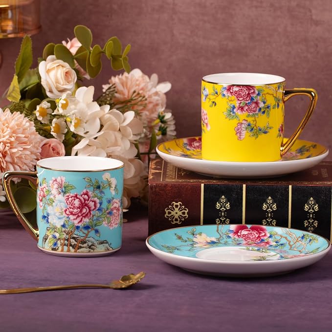 KAMMAK Tea Cup and Saucer, Ceramic Coffee Cups, 7.5 oz, Afternoon Tea and - Image 7