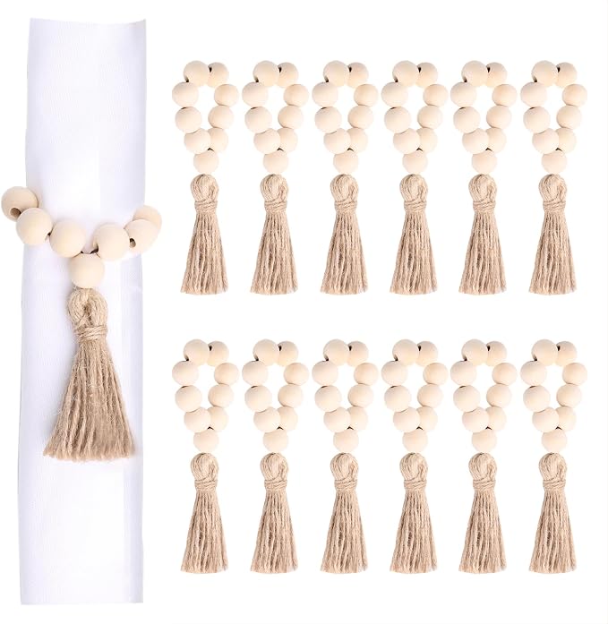 Set of 12 Wood Bead Napkin Rings by AEKAO