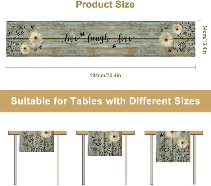 Daisy Table Runner, Rustic Sunflowers White Floral Wooden Boho Butterfly Spring - Image 5