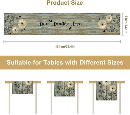 Daisy Table Runner, Rustic Sunflowers White Floral Wooden Boho Butterfly Spring - Image 5