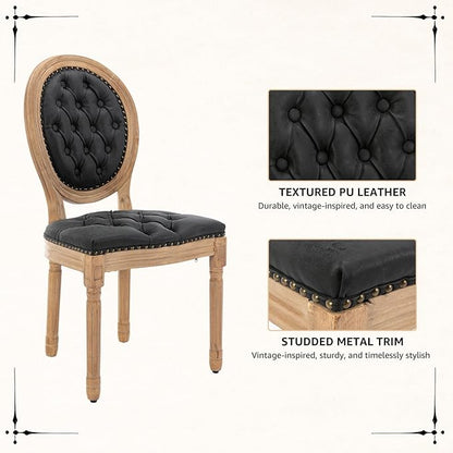 Vintage French Dining Chairs Set of 8, Round Back PU Leather Upholstered Side Chairs with Nailhead Trim and Solid Wood Frame, Sillas de Comedor for Dining Room & Kitchen, Black