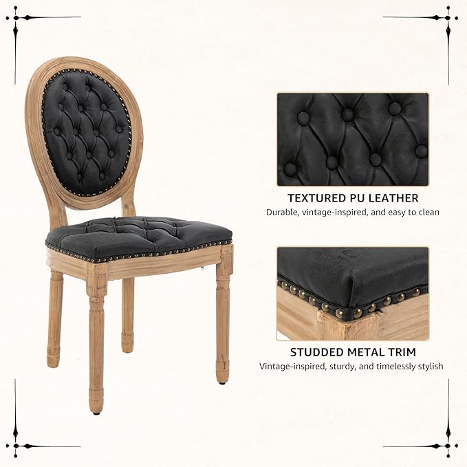 Vintage French Dining Chairs Set of 4, Round Back PU Leather Upholstered Side Chairs with Nailhead Trim and Solid Wood Frame, Sillas de Comedor for Dining Room & Kitchen, Black