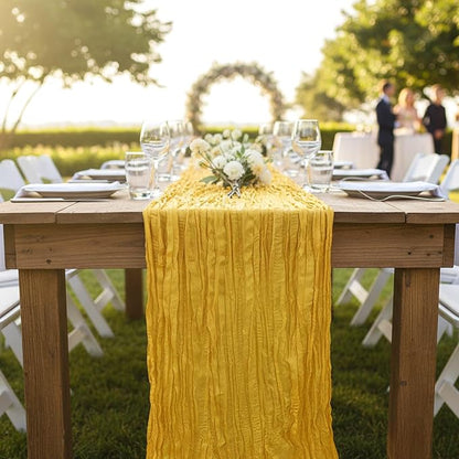 8 Pack Gold Cheesecloth Table Runner 120 Inch Boho Wedding Decor | Cheesecloth - Image 8