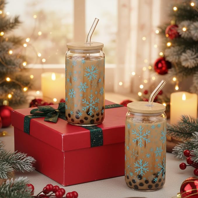 Sliner 2 Pcs Snowflake Glass Cups Christmas Tumbler - Image 2