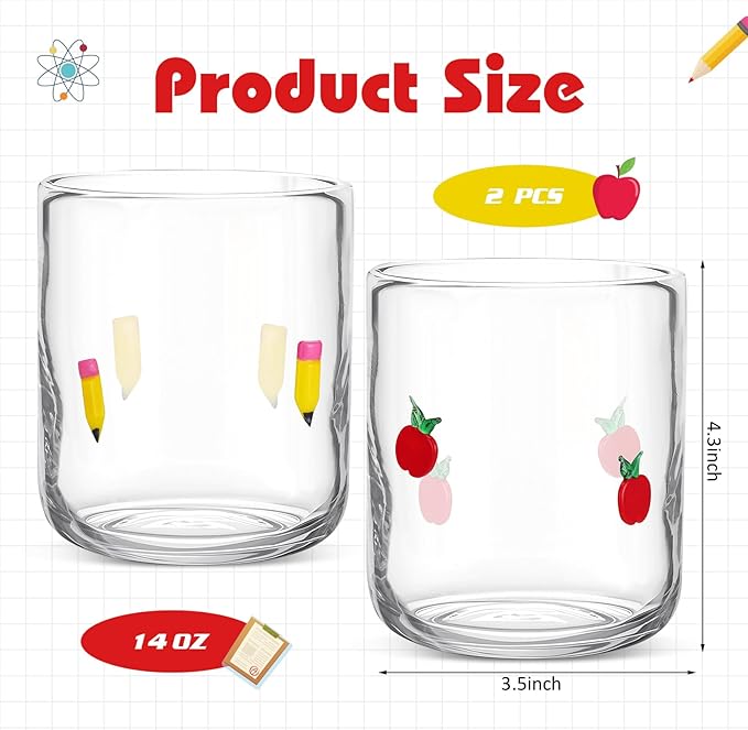 SiliFine 2 Pcs Pencil & Apple Icon Juice Glasses, 14oz Stemless Wine Drinking - Image 3